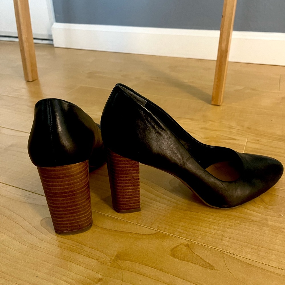 Franco Sarto black leather stacked heels